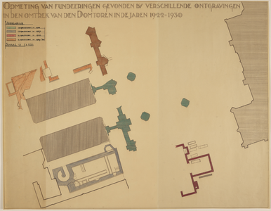 217287 Situatie van de funderingen gevonden bij verschillende opgravingen in de jaren 1922-1930 op het Domplein te ...